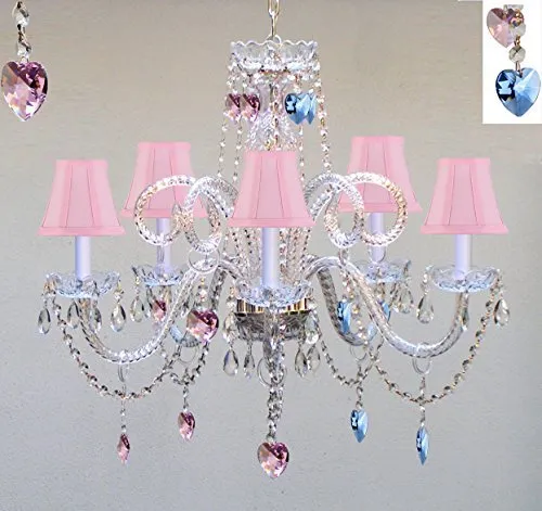 Chandelier Lighting W/ Crystal Pink Shades & Blue And Pink Hearts H25" X W24" - Perfect For Kid'S And Girls Bedroom - Go-A46-Pinkshades/B85/B21/387/5