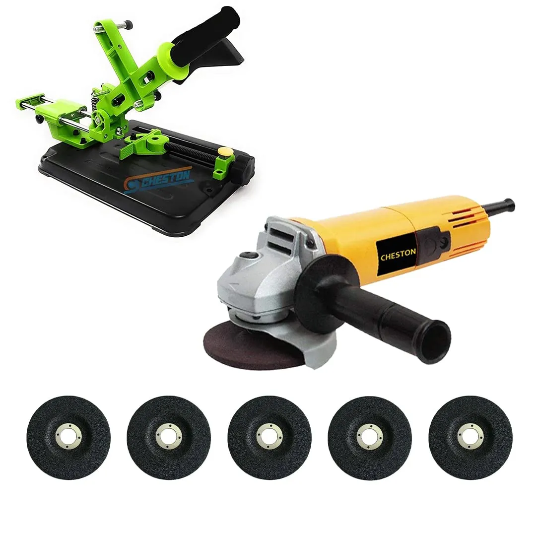 Cheston 850W Angle Grinder for Grinding, Cutting, Polishing (4 inch/100mm)   Set of 5 Grinding Wheels   Sliding Angle Grinder Stand