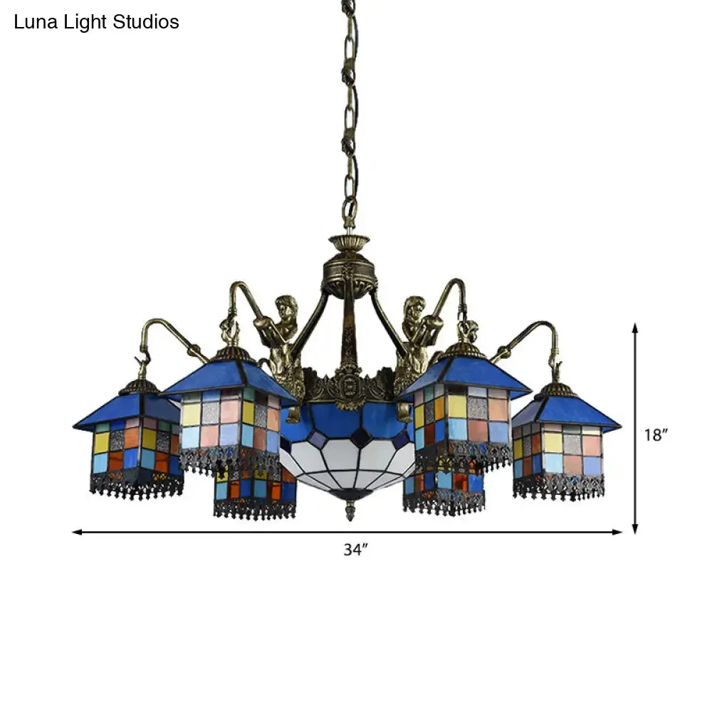 Clear/Blue Stained Glass Chandelier with 9 Tiffany Pendant Lights for Dining Room