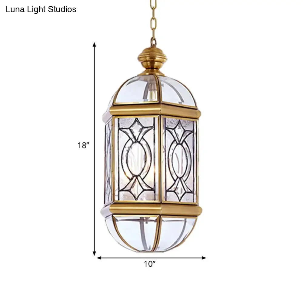 Colonial Brass Lantern Outdoor Chandelier Light - Frosted Glass, 3 Bulbs, Hanging Ceiling Fixture