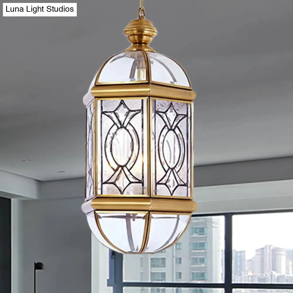 Colonial Brass Lantern Outdoor Chandelier Light - Frosted Glass, 3 Bulbs, Hanging Ceiling Fixture