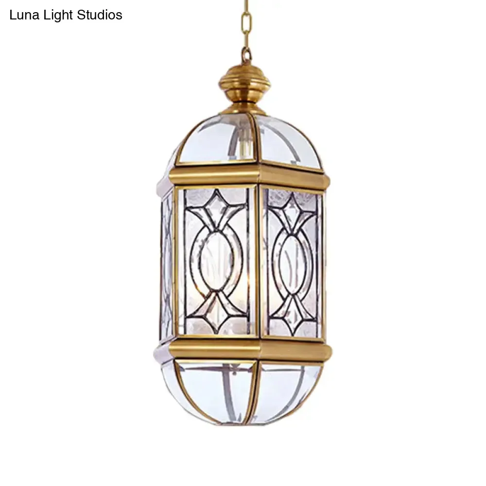 Colonial Brass Lantern Outdoor Chandelier Light - Frosted Glass, 3 Bulbs, Hanging Ceiling Fixture