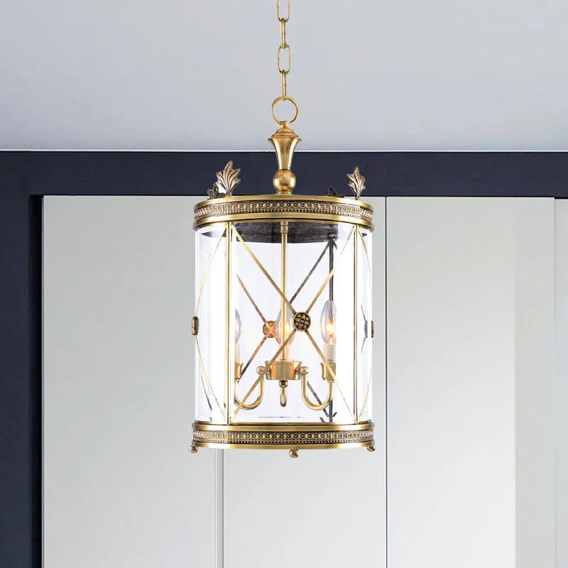 Colonial-inspired Triple Head Clear Glass Chandelier in Gold - Cylindrical Pendant Lighting Fixture