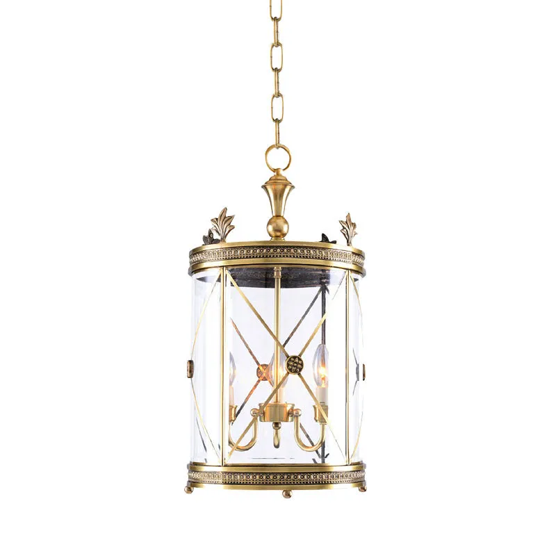 Colonial-inspired Triple Head Clear Glass Chandelier in Gold - Cylindrical Pendant Lighting Fixture