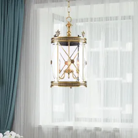 Colonial-inspired Triple Head Clear Glass Chandelier in Gold - Cylindrical Pendant Lighting Fixture