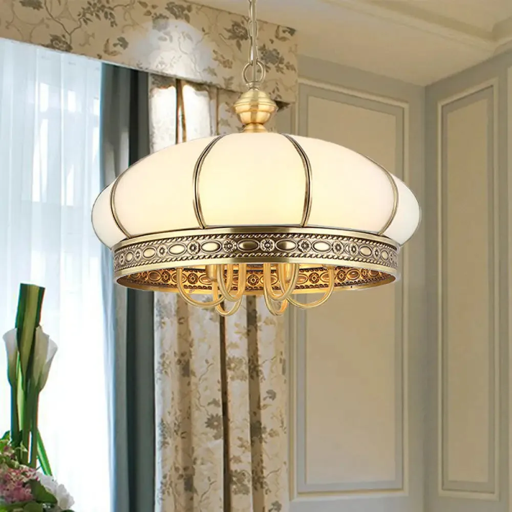 Colonial Oval Hanging Pendant Chandelier with 6 Frosted White Glass Shades in Gold