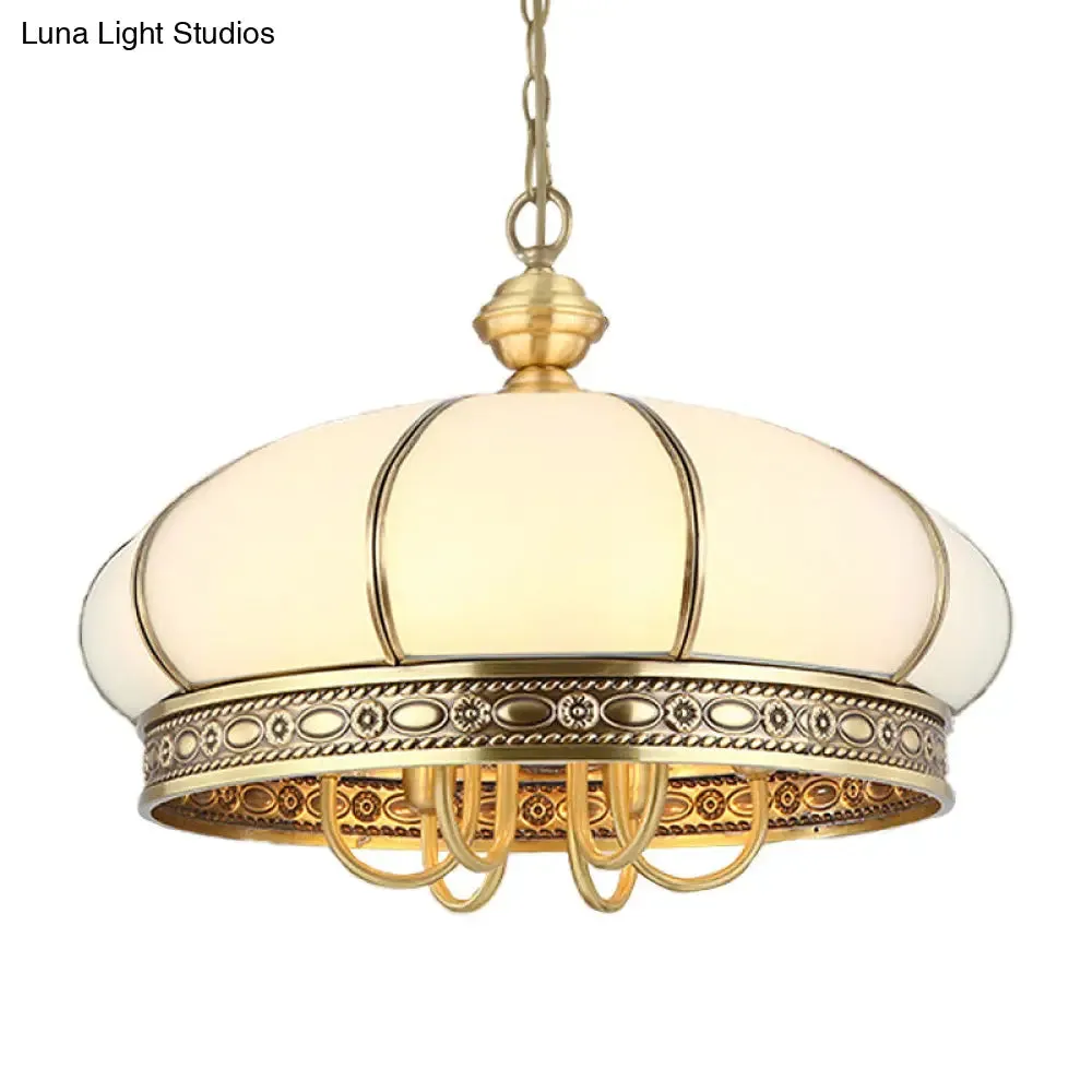 Colonial Oval Hanging Pendant Chandelier with 6 Frosted White Glass Shades in Gold