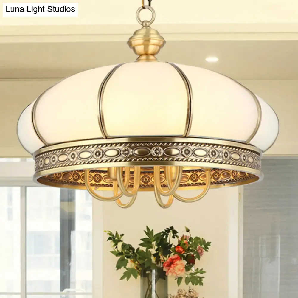 Colonial Oval Hanging Pendant Chandelier with 6 Frosted White Glass Shades in Gold