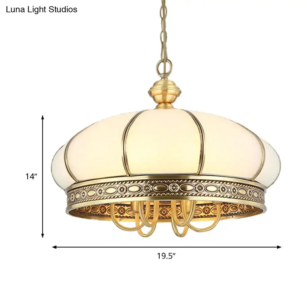 Colonial Oval Hanging Pendant Chandelier with 6 Frosted White Glass Shades in Gold