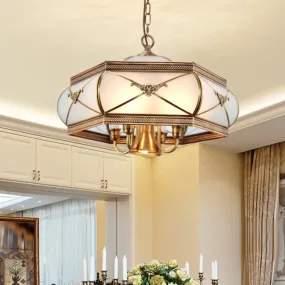 Colonial Satin Opal Glass 5-Light Brass Hexagon Pendant Chandelier for Dining Room