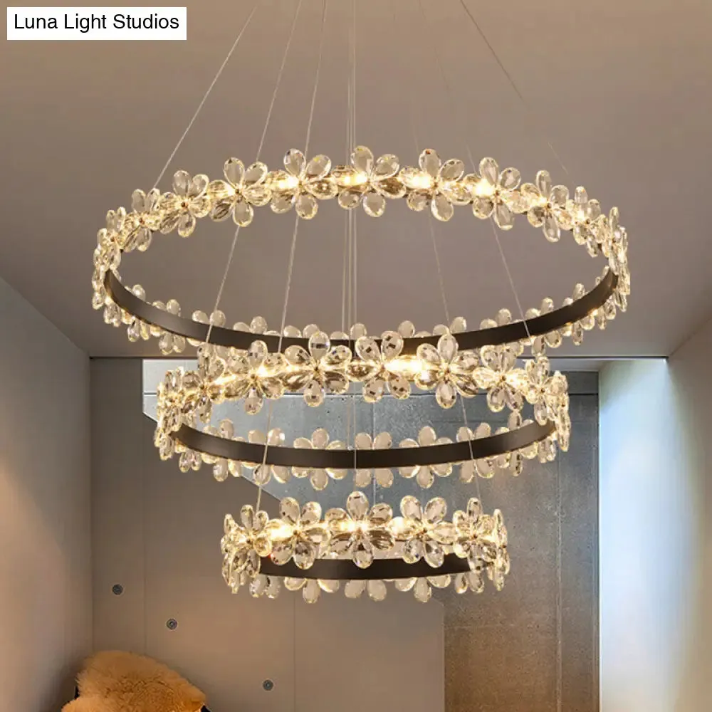 Contemporary Clear Crystal Chandelier with Flower Accents for Restaurant Hanging