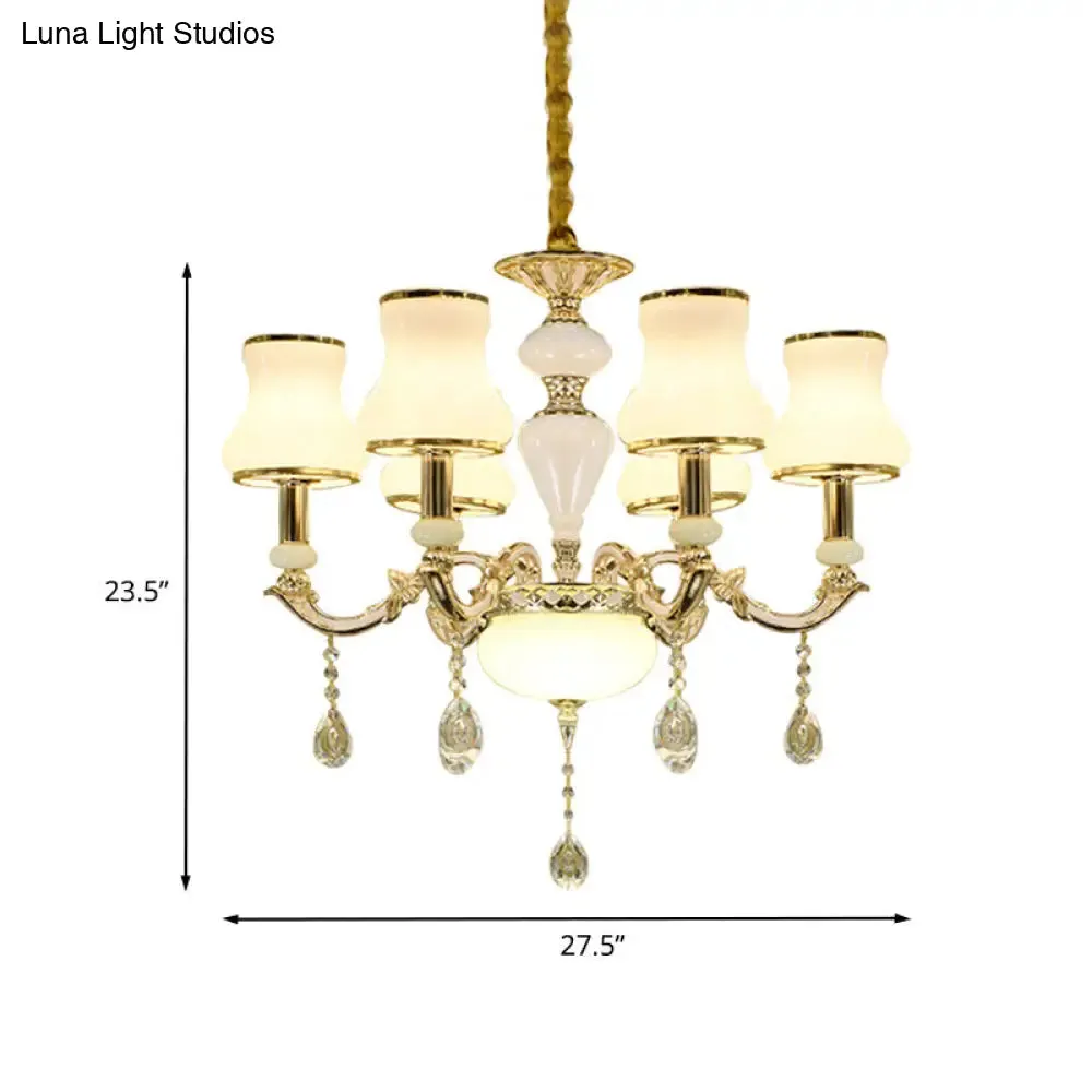 Contemporary Gold Ceiling Chandelier with 6 Lights, Milk Glass, and Crystal Pendant Lighting