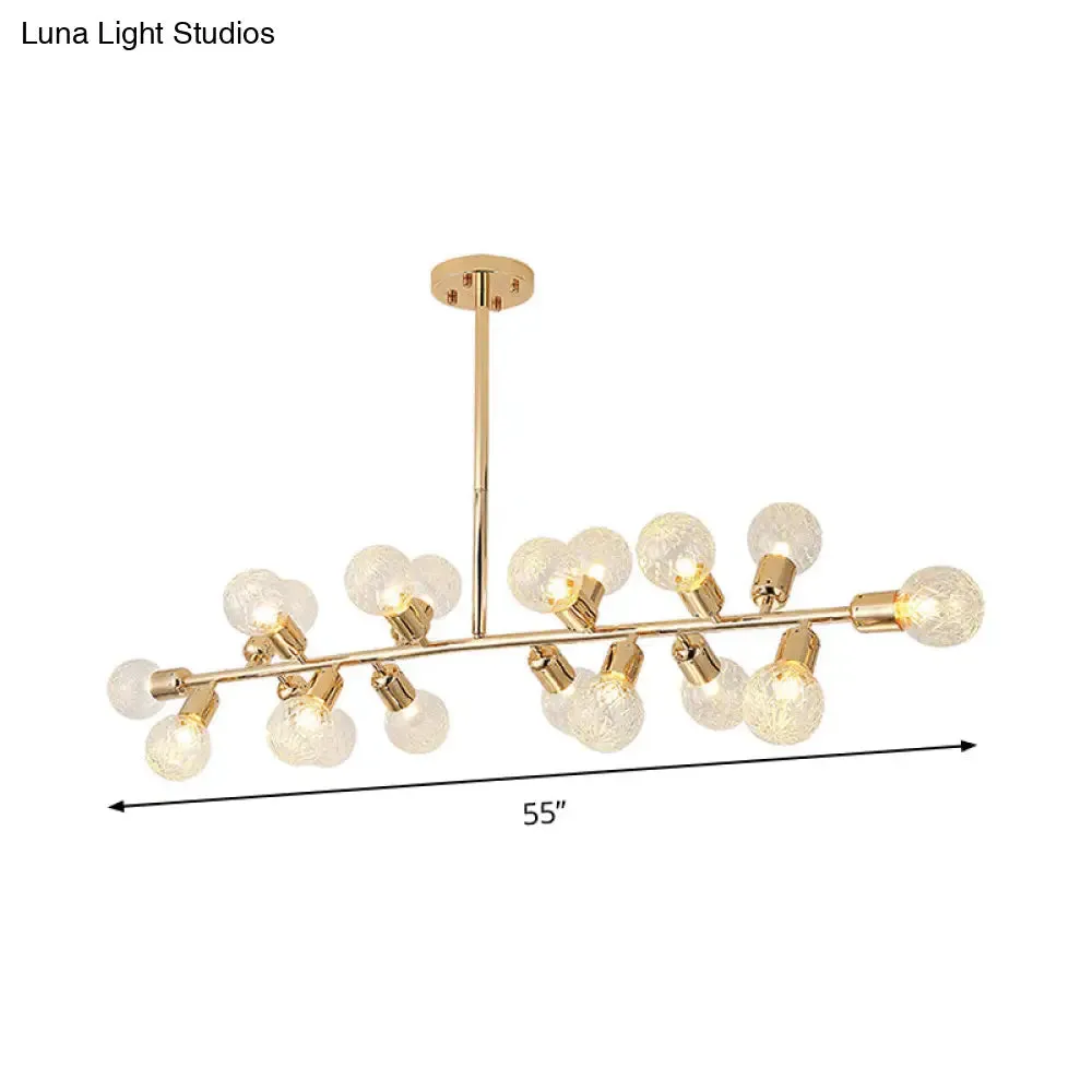 Contemporary Gold Linear LED Island Lighting - 18 Lights Hanging Ceiling Lamp with Ribbing Glass Shade