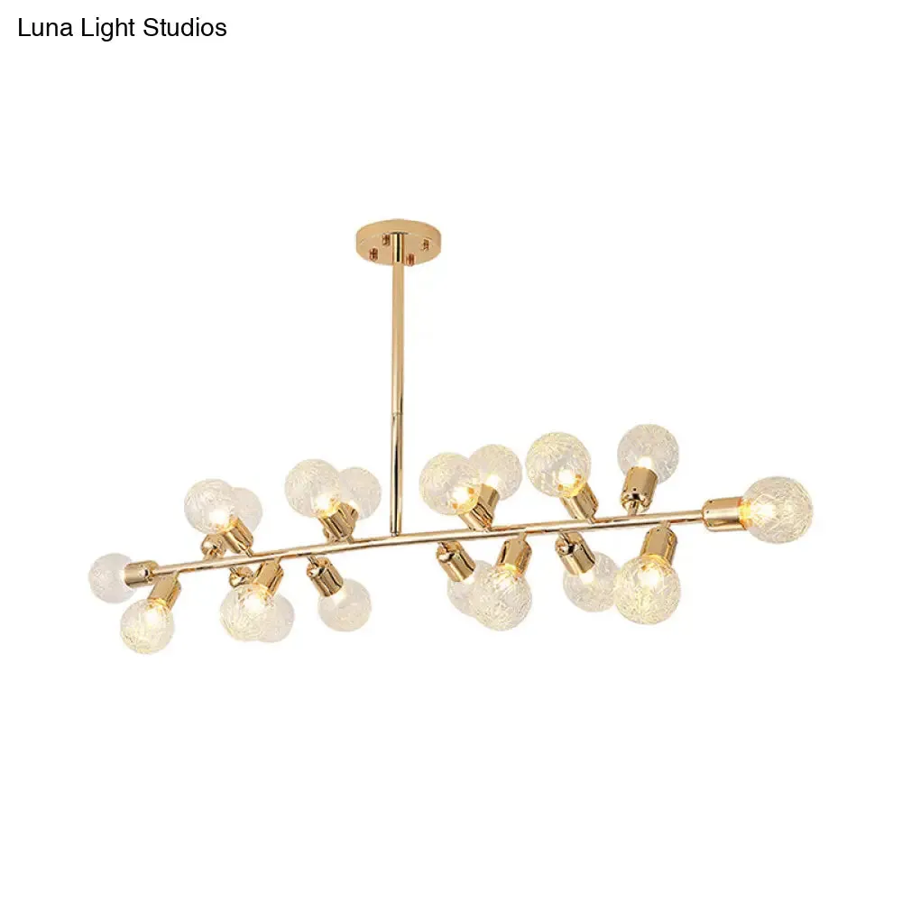 Contemporary Gold Linear LED Island Lighting - 18 Lights Hanging Ceiling Lamp with Ribbing Glass Shade