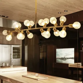 Contemporary Gold Linear LED Island Lighting - 18 Lights Hanging Ceiling Lamp with Ribbing Glass Shade