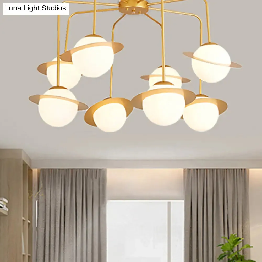 Contemporary Metal Radial Chandelier with 8 Lights - Gold/Chrome LED Ceiling Lamp and Glass Globe Shade