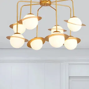 Contemporary Metal Radial Chandelier with 8 Lights - Gold/Chrome LED Ceiling Lamp and Glass Globe Shade