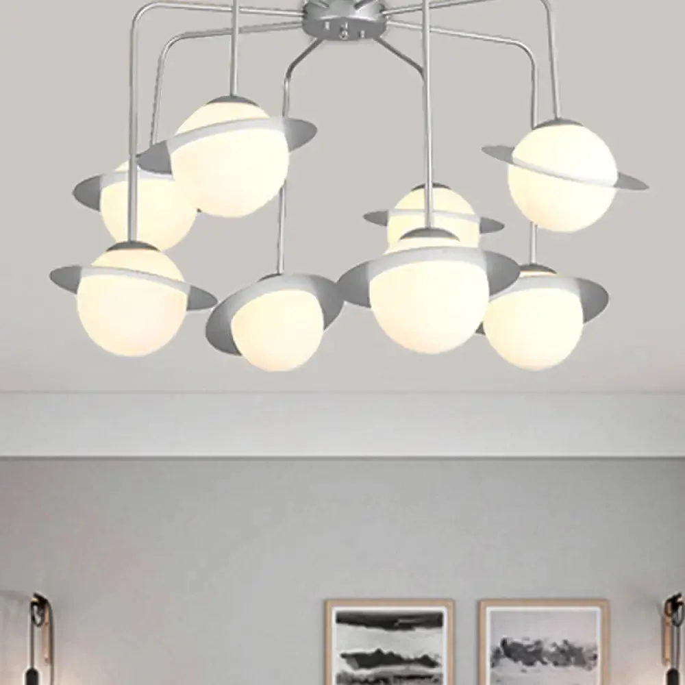 Contemporary Metal Radial Chandelier with 8 Lights - Gold/Chrome LED Ceiling Lamp and Glass Globe Shade