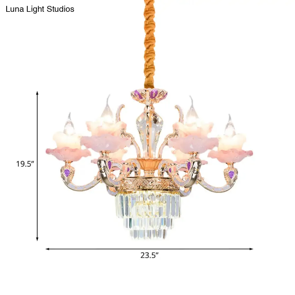 Contemporary Pink Glass Pendant Chandelier with Tiered Crystal Bottom - 6 Lights, 2-Layer Ruffle Design