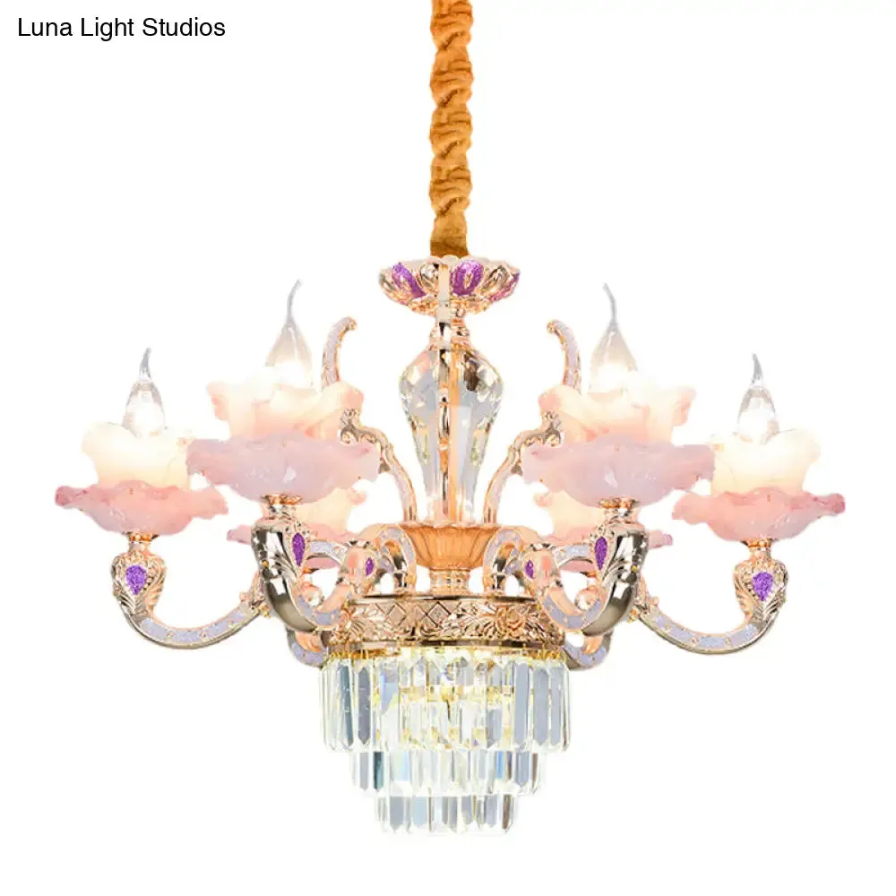 Contemporary Pink Glass Pendant Chandelier with Tiered Crystal Bottom - 6 Lights, 2-Layer Ruffle Design