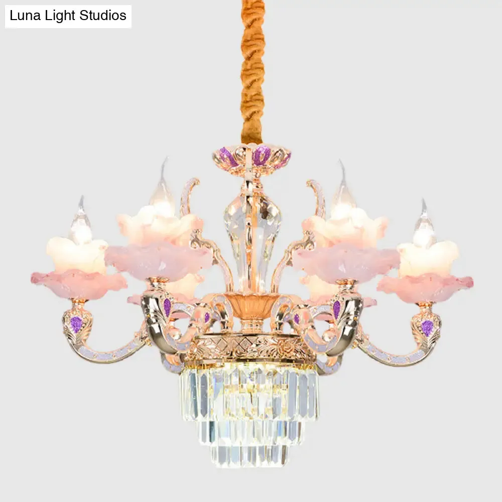 Contemporary Pink Glass Pendant Chandelier with Tiered Crystal Bottom - 6 Lights, 2-Layer Ruffle Design