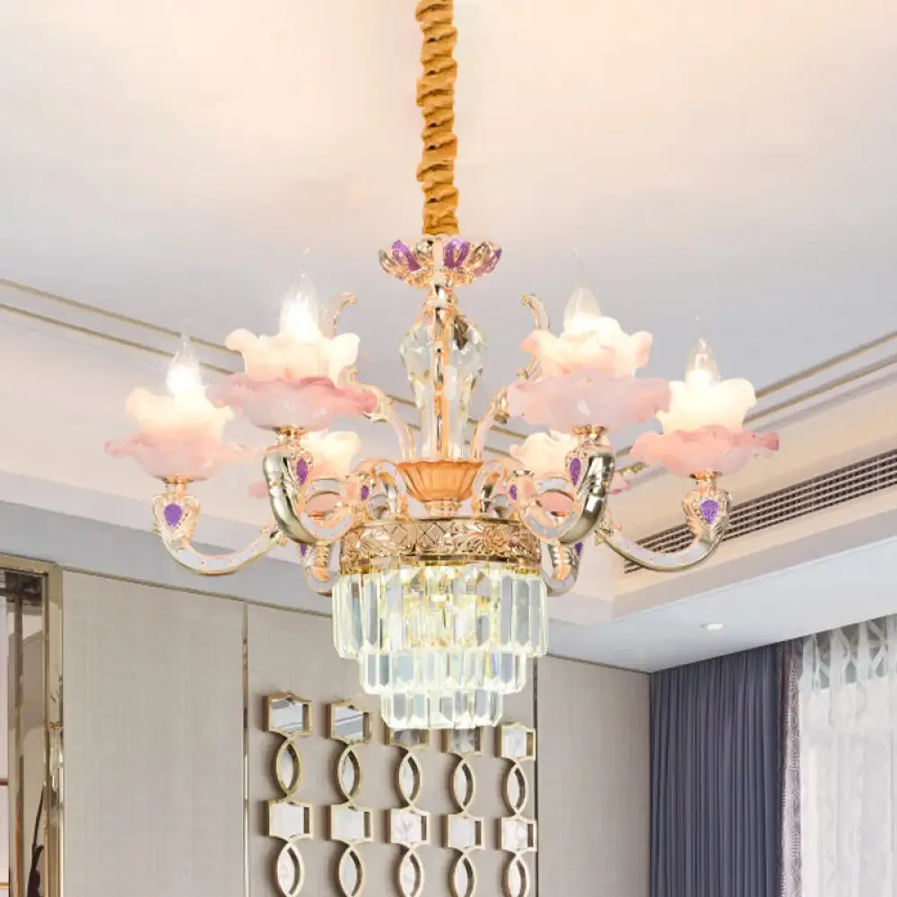 Contemporary Pink Glass Pendant Chandelier with Tiered Crystal Bottom - 6 Lights, 2-Layer Ruffle Design