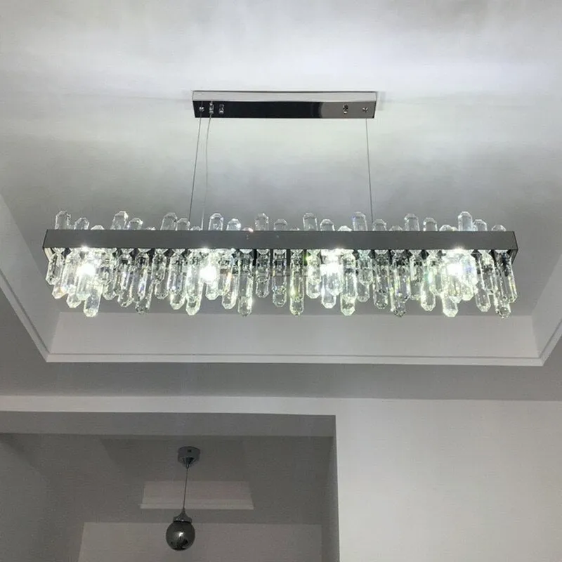 Contemporary Rectangular Crystal Chandelier in Chrome for Kitchen Island and Living Room