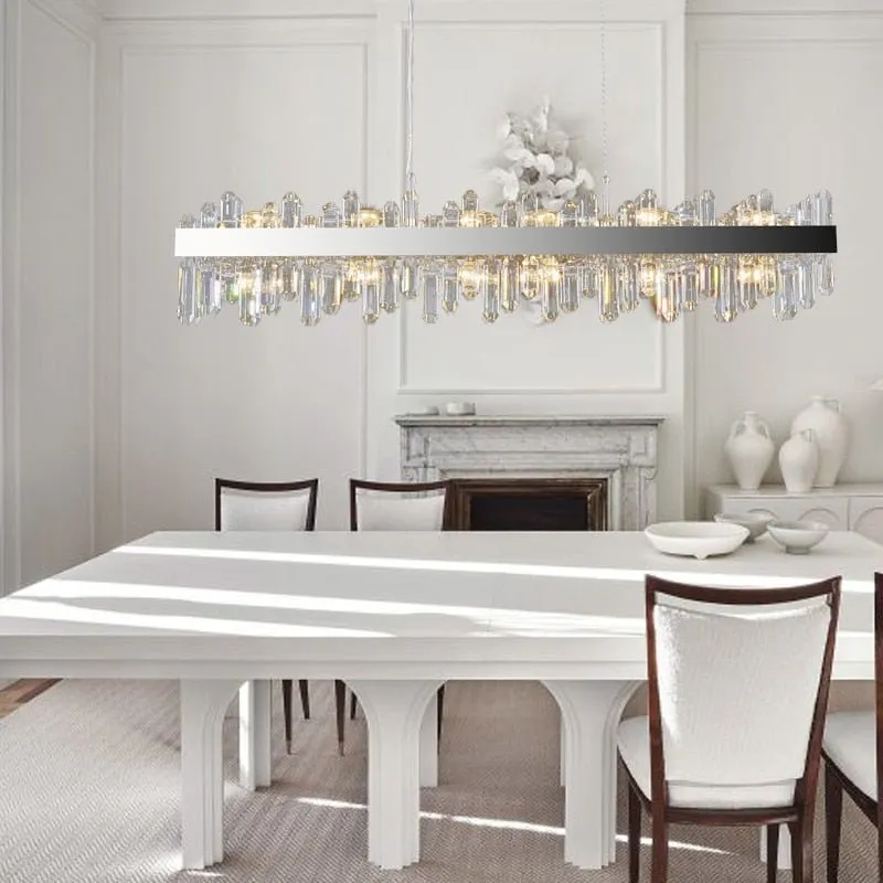 Contemporary Rectangular Crystal Chandelier in Chrome for Kitchen Island and Living Room