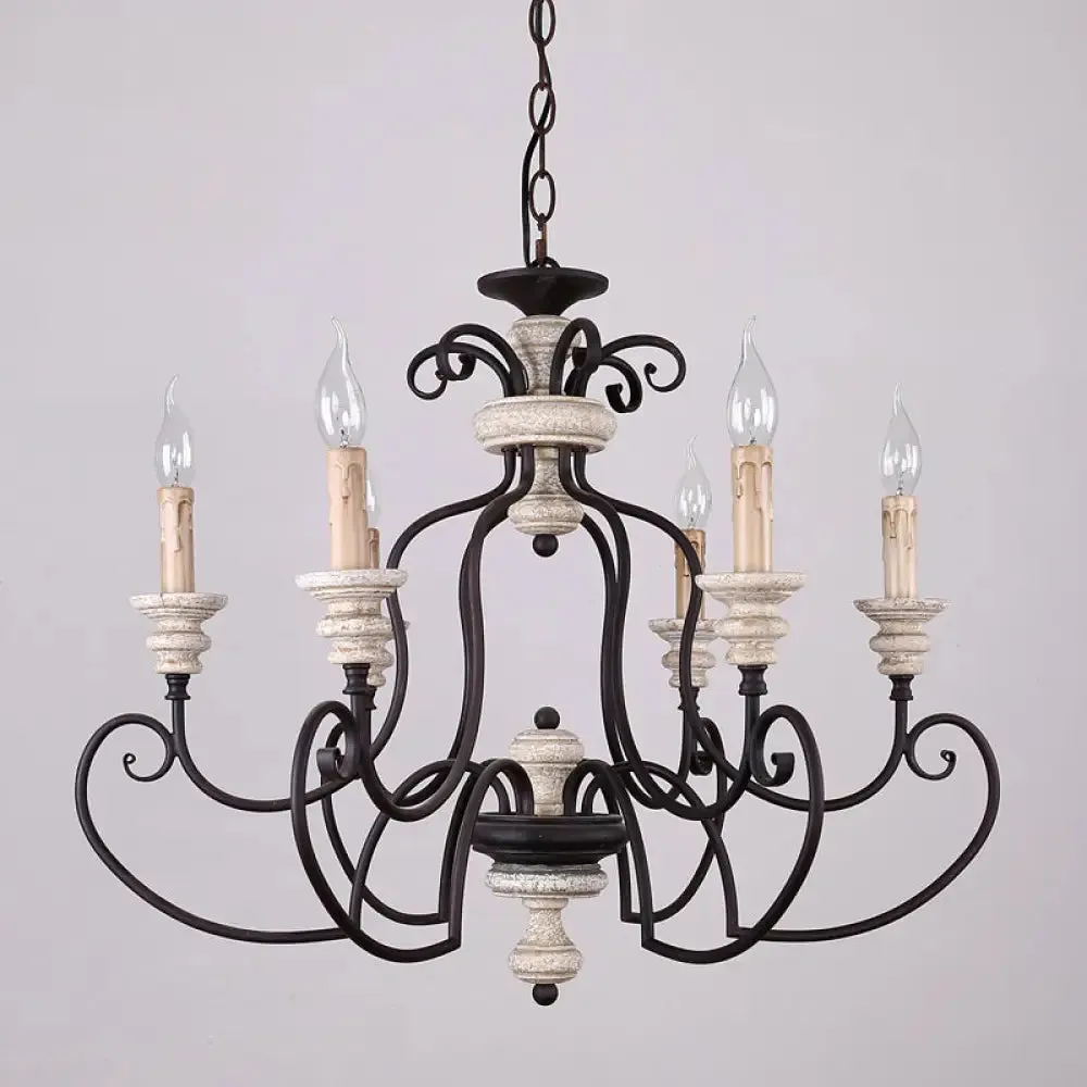 Country Rustic Metal Chandelier with 6 Candle-Style Lights - Scrolled Arms and Ceiling Suspension