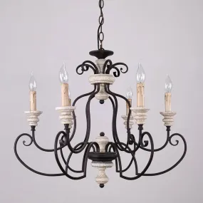 Country Rustic Metal Chandelier with 6 Candle-Style Lights - Scrolled Arms and Ceiling Suspension