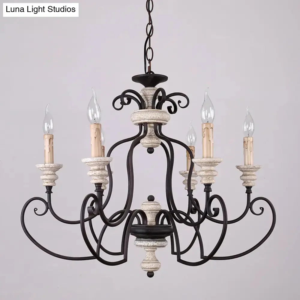 Country Rustic Metal Chandelier with 6 Candle-Style Lights - Scrolled Arms and Ceiling Suspension