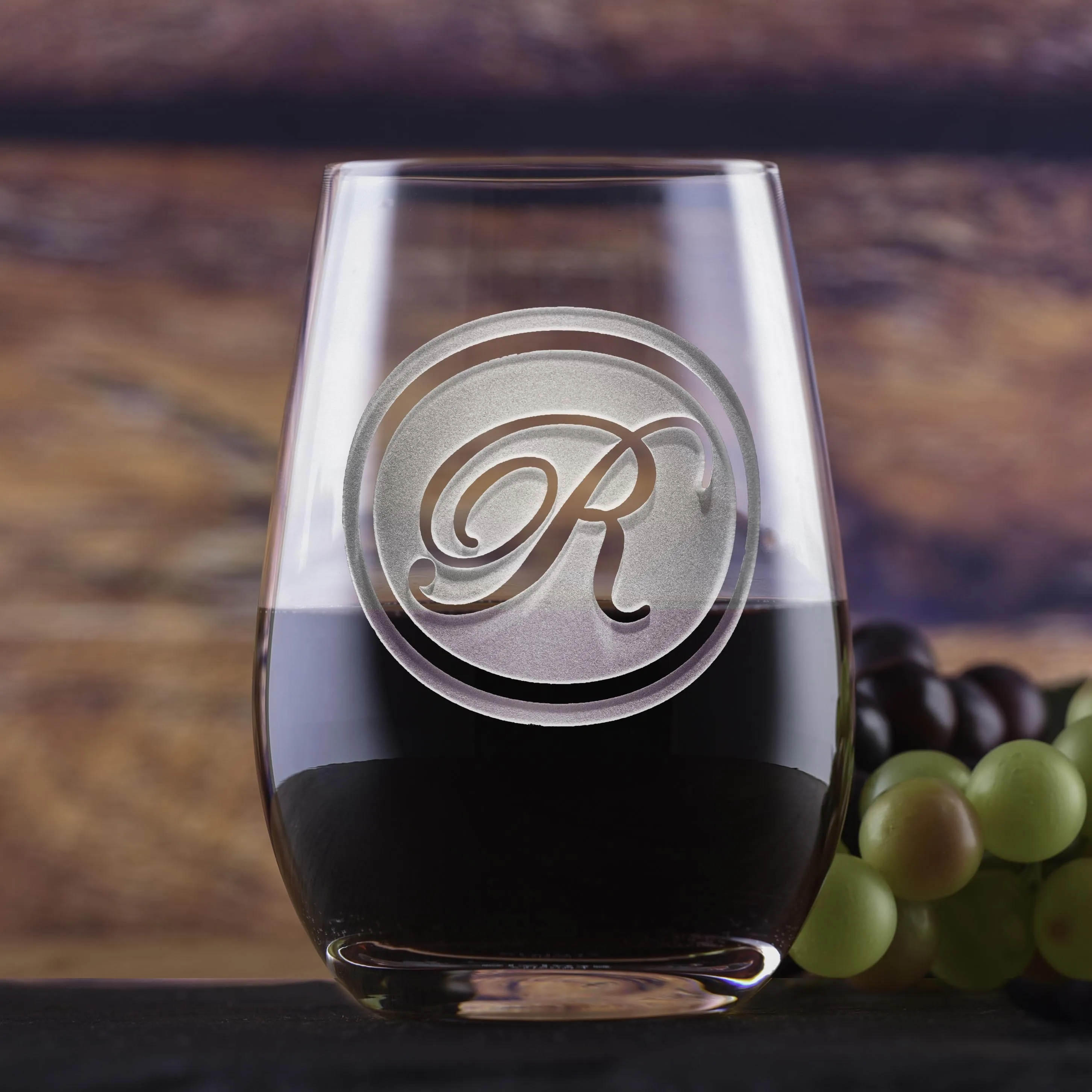 Custom Monogram Stemless Wine Glass Tumbler by Crystal Imagery