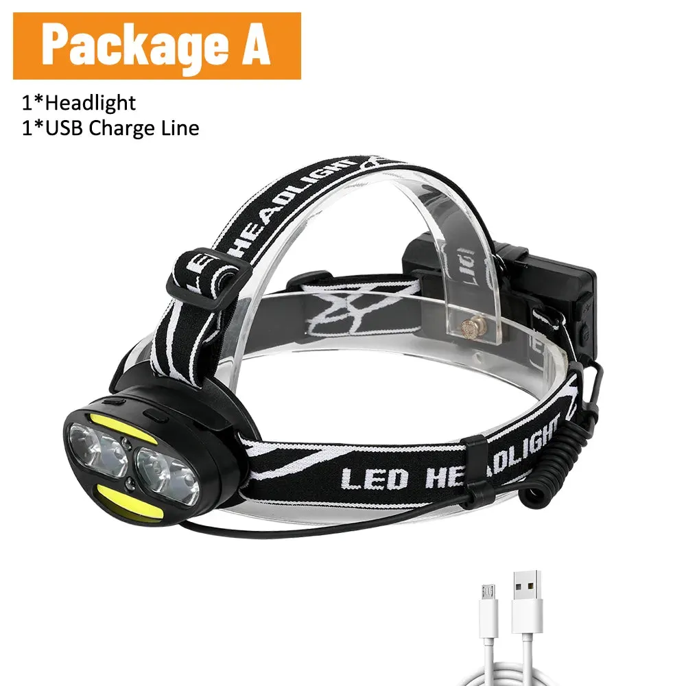 Cyclezone Induction Head Light LED T6 Headlamp COB 7 Modes Lantern For Outdoor Night Fishing Camping USB Charging Head Torch