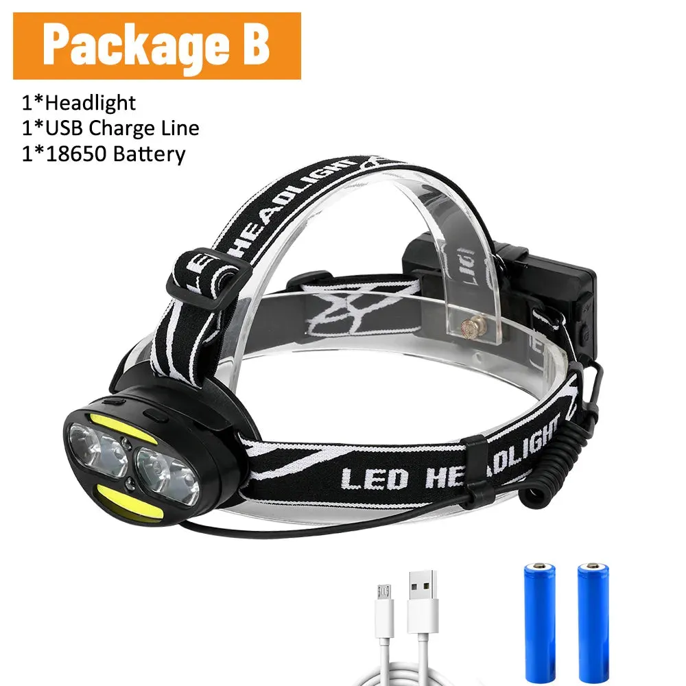 Cyclezone Induction Head Light LED T6 Headlamp COB 7 Modes Lantern For Outdoor Night Fishing Camping USB Charging Head Torch