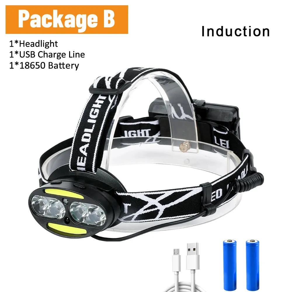 Cyclezone Induction Head Light LED T6 Headlamp COB 7 Modes Lantern For Outdoor Night Fishing Camping USB Charging Head Torch