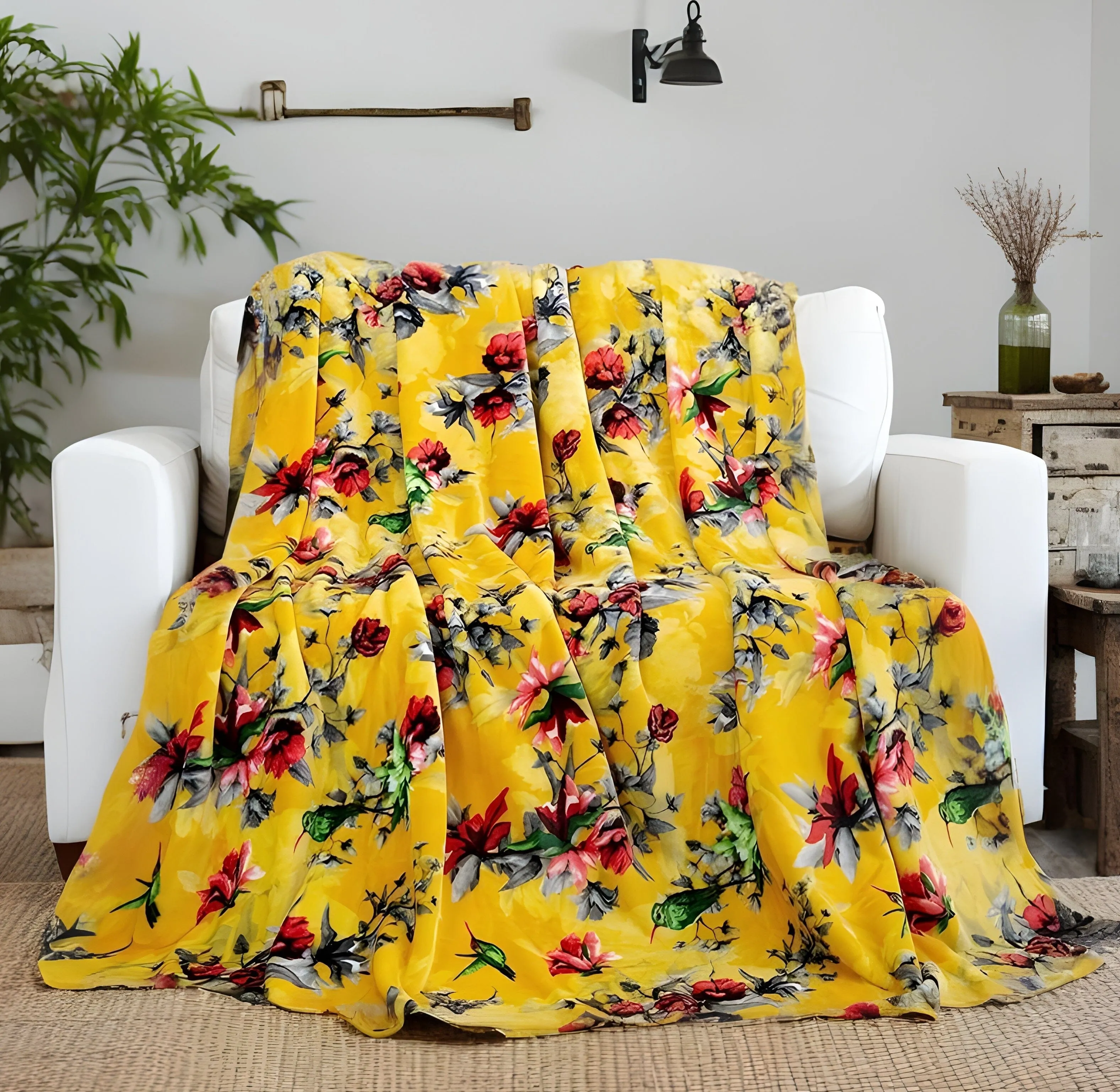 DaDa Bedding Yellow Farmhouse Rustic Spring Floral Hummingbirds Soft Fleece Throw Blanket (925)