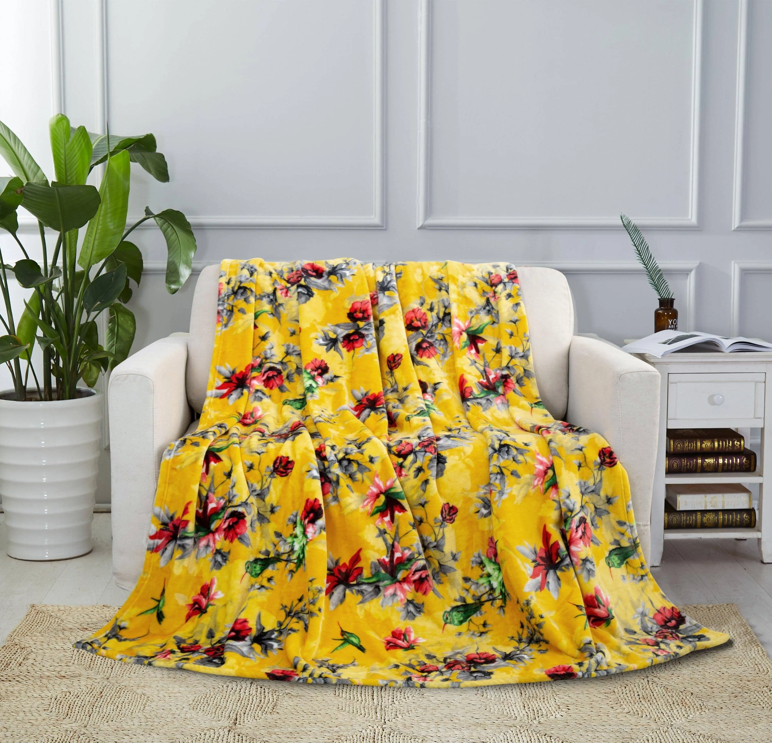 DaDa Bedding Yellow Farmhouse Rustic Spring Floral Hummingbirds Soft Fleece Throw Blanket (925)