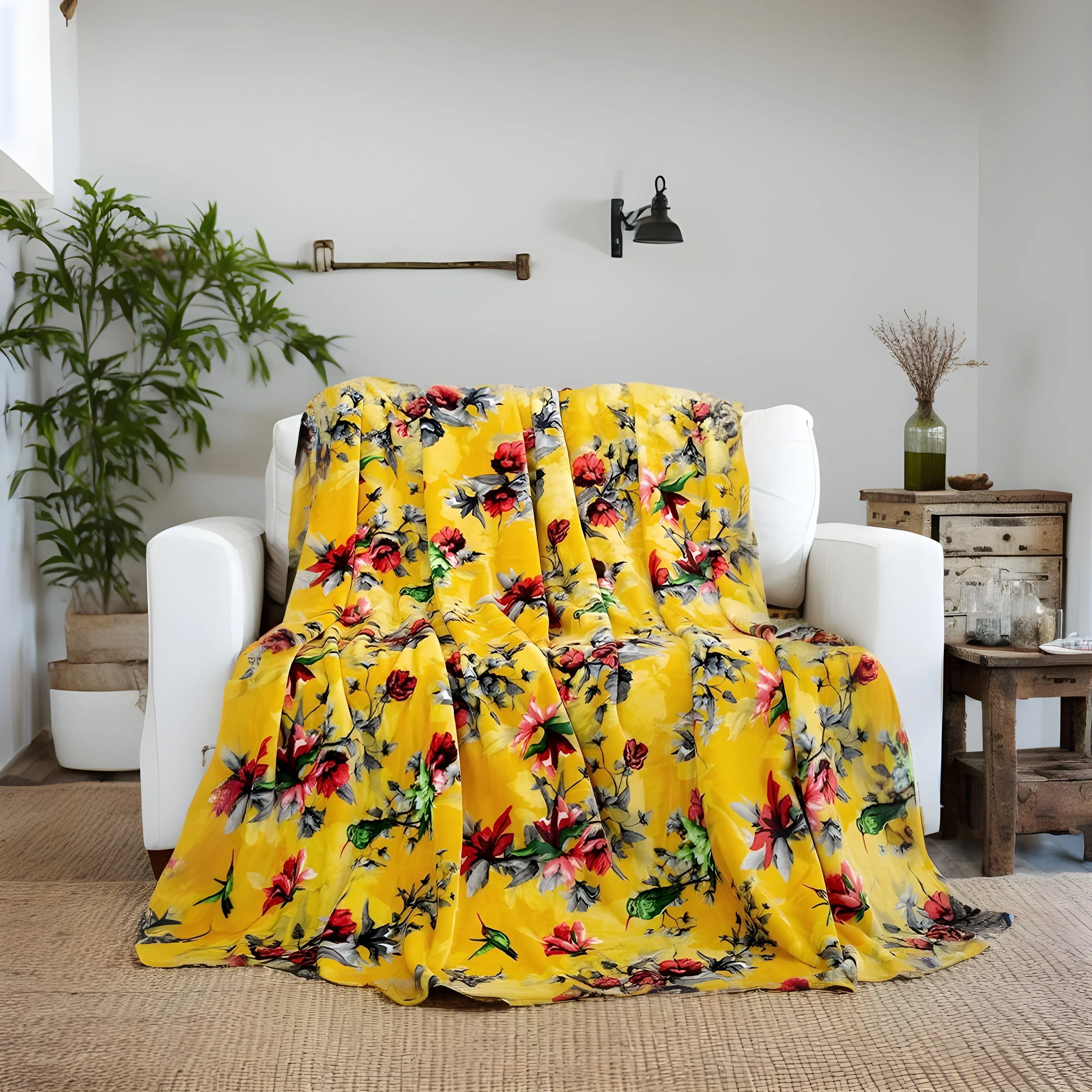 DaDa Bedding Yellow Farmhouse Rustic Spring Floral Hummingbirds Soft Fleece Throw Blanket (925)