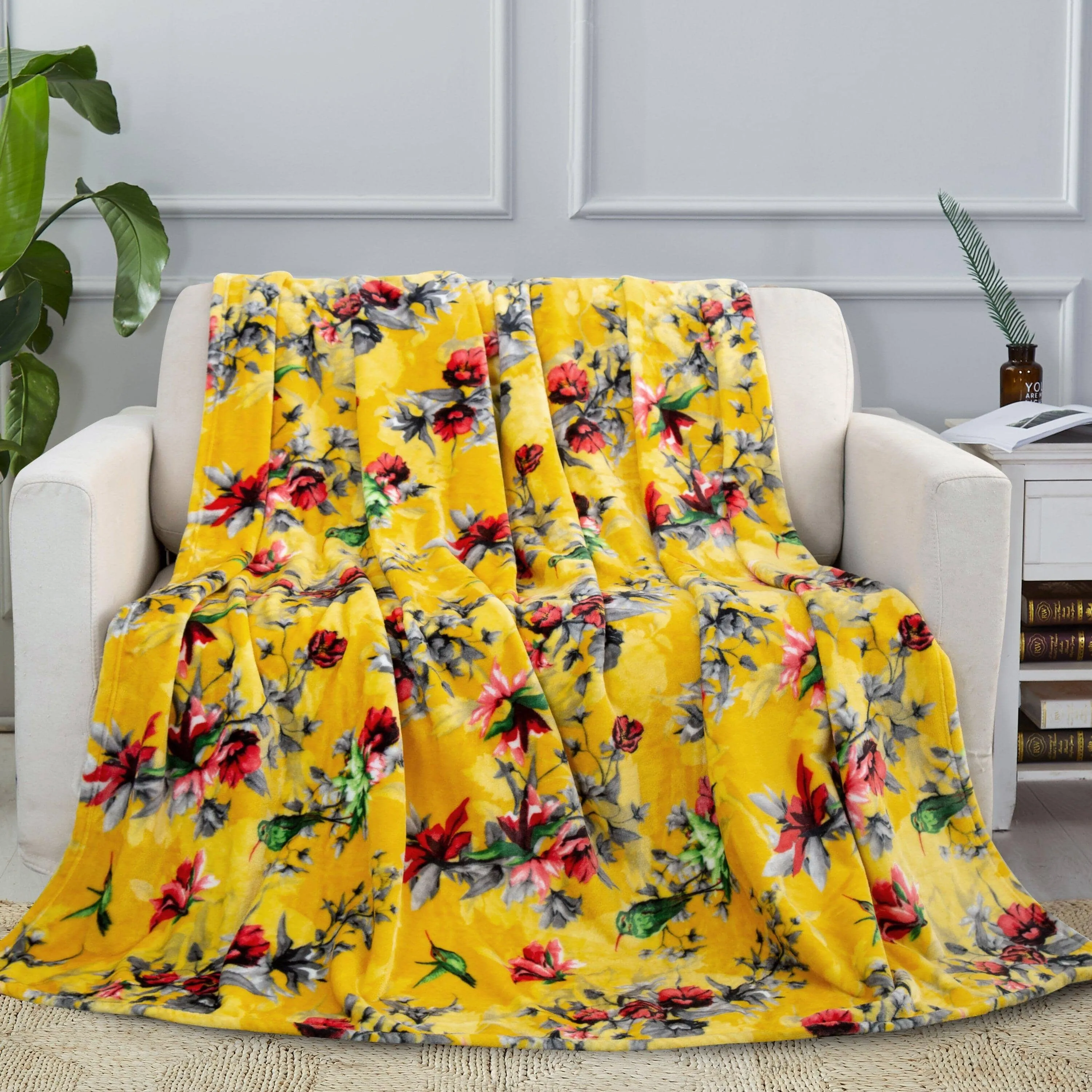 DaDa Bedding Yellow Farmhouse Rustic Spring Floral Hummingbirds Soft Fleece Throw Blanket (925)