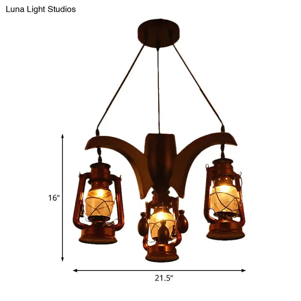 Dark Wood Industrial Kerosene Chandelier - 3-Light Clear Glass Ceiling Hanging Lamp for Living Room