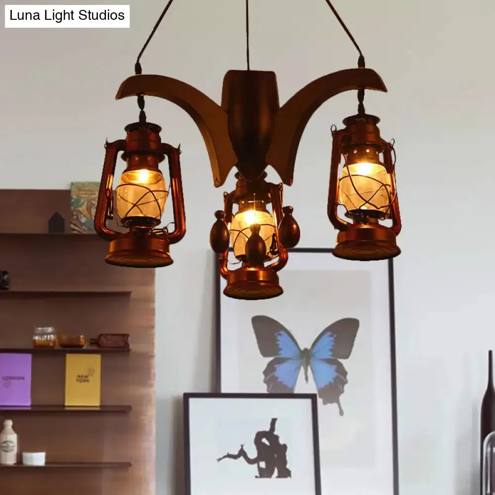 Dark Wood Industrial Kerosene Chandelier - 3-Light Clear Glass Ceiling Hanging Lamp for Living Room