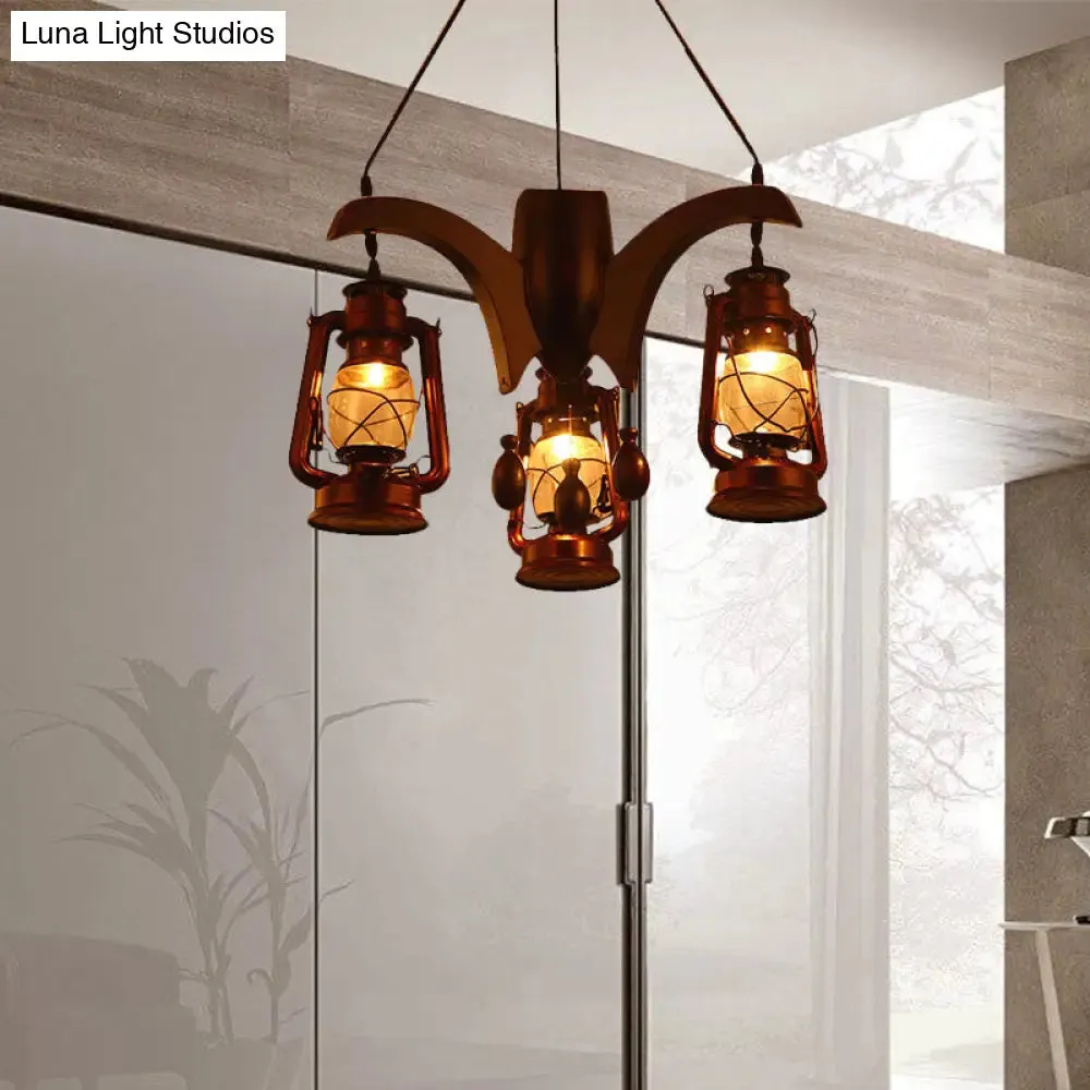 Dark Wood Industrial Kerosene Chandelier - 3-Light Clear Glass Ceiling Hanging Lamp for Living Room