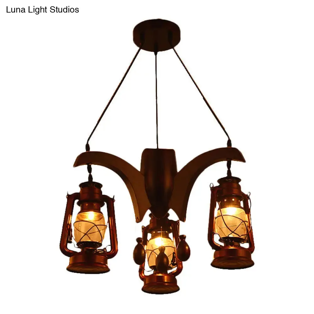 Dark Wood Industrial Kerosene Chandelier - 3-Light Clear Glass Ceiling Hanging Lamp for Living Room