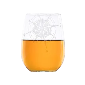 Deep Carved Nautical Compass Rose Stemless Wine Glass