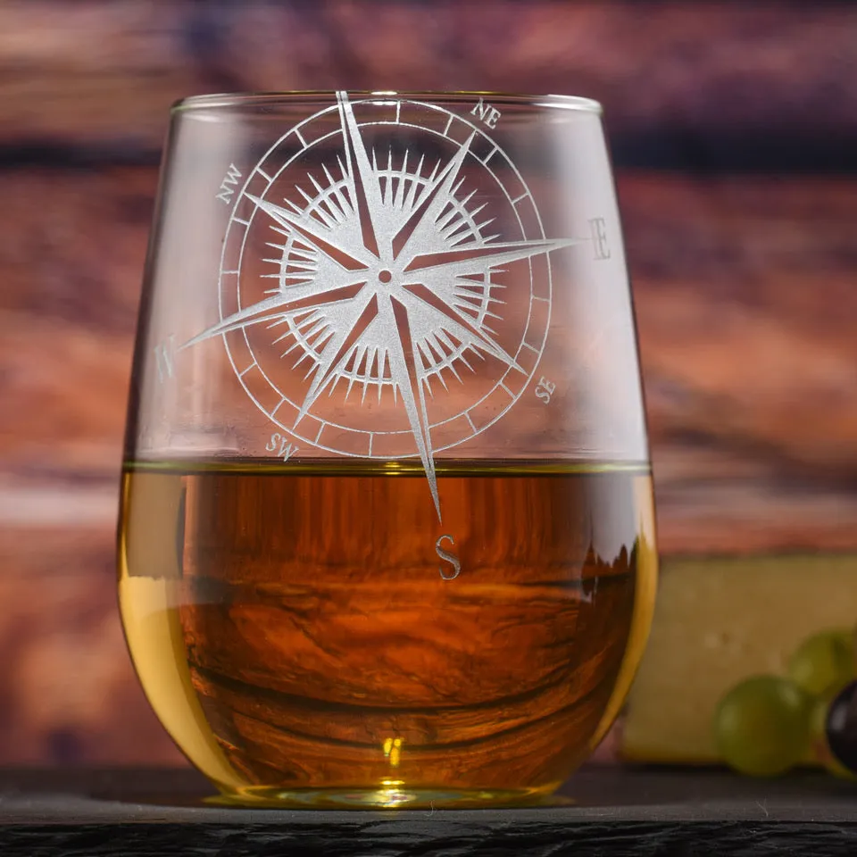 Deep Carved Nautical Compass Rose Stemless Wine Glass