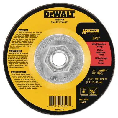 DeWalt® HP T27 Metal Cuttiing Wheel, 4-1/2 in dia, 5/8 in-11 in Arbor, 13,300 RPM, DW8424H