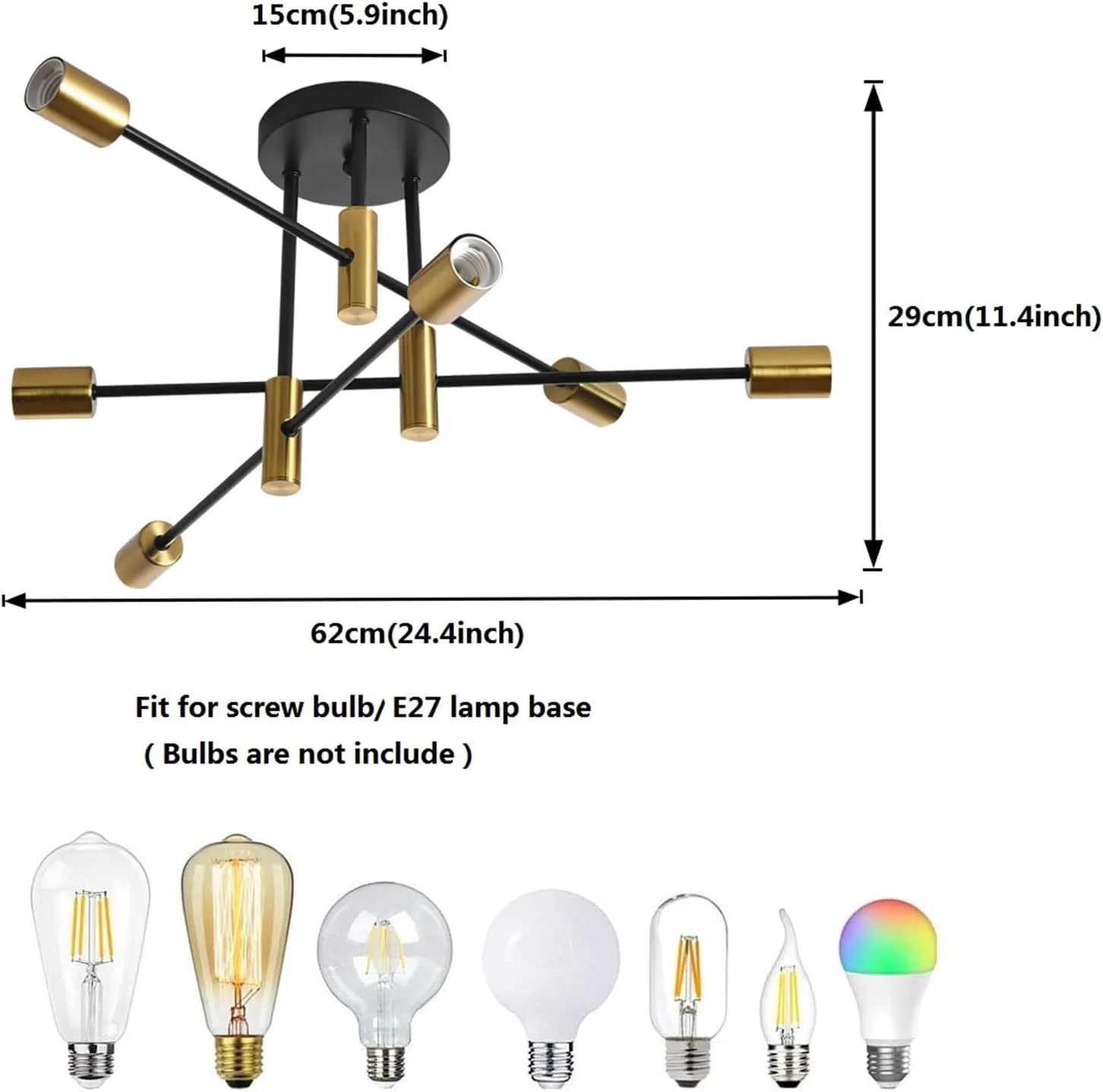 Dimmable Mid Century 6-Light Sputnik Chandelier, Black & Gold