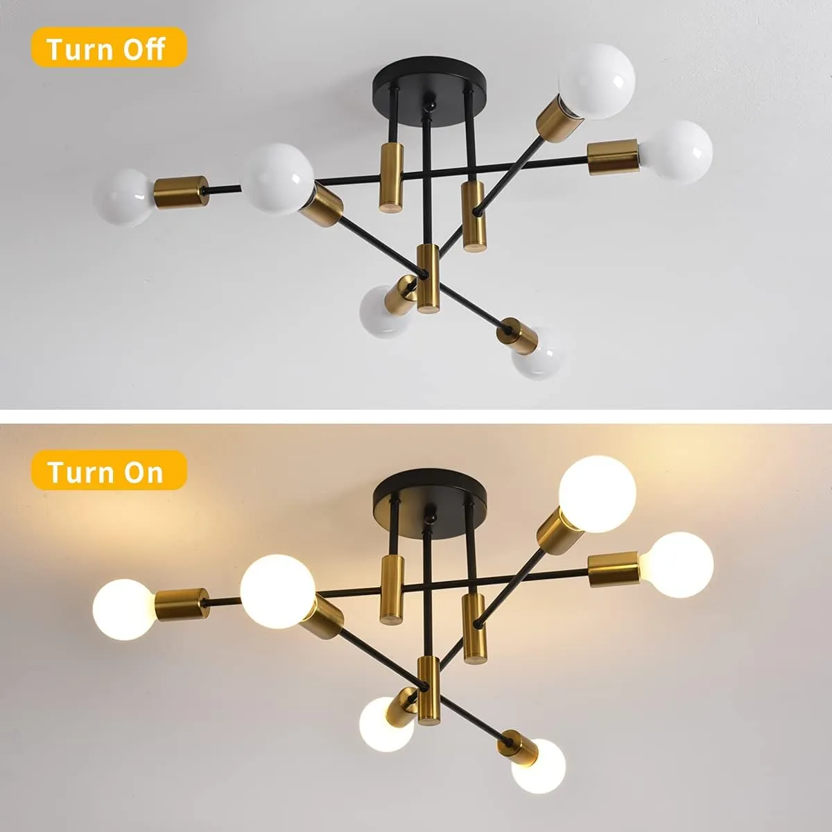 Dimmable Mid Century 6-Light Sputnik Chandelier, Black & Gold