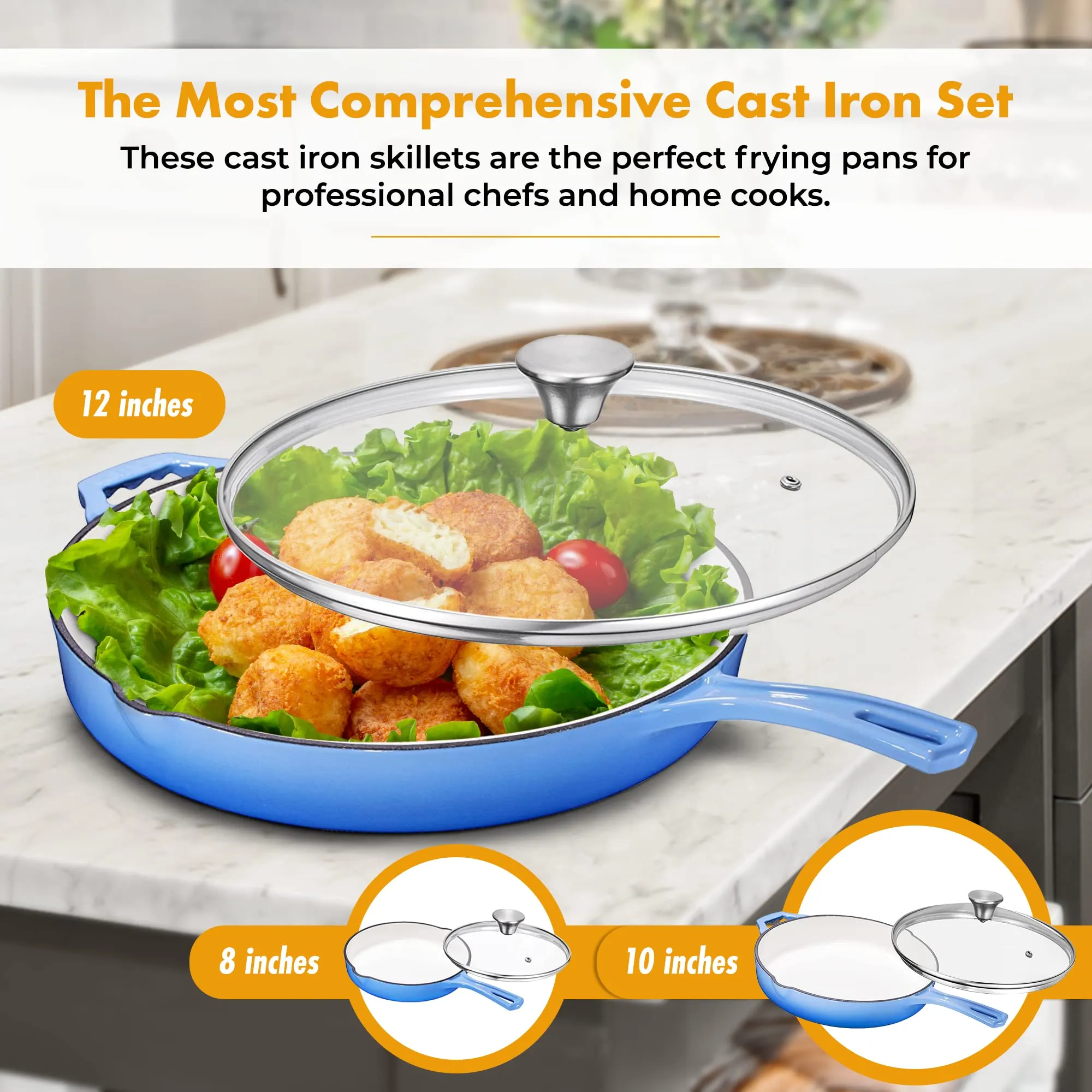 Enemeled Cast Iron 3 Piece Skillet Bundle. 12''   10''   8'' Set - Cast Iron Frying