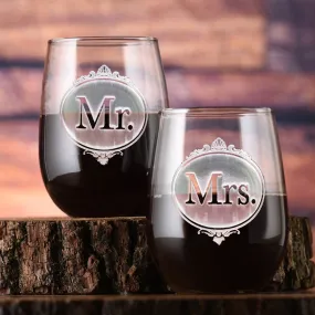 Engraved Mr. and Mrs. Stemless Wine Glasses